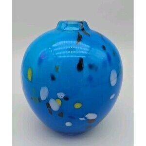 Hand Blown Art Glass Oil Lamp Round Ball Bright Blue Confetti No Wick Heavy 4.5"